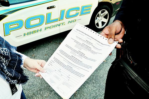 The last photo shows an officer delivering a Victim Information Form and was copied from the High Point Enterprise Article http://www.hpe.com/news/x1401030013/Stopping-the-cycle-of-domestic-abuse  